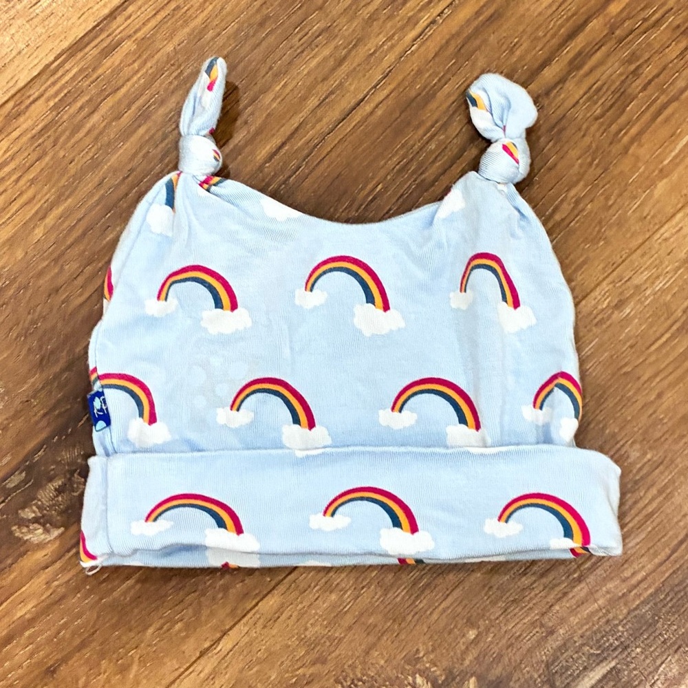 KicKee Pants Blue Rainbow Double Knotted Baby Hat Beanie Newborn NB-3m